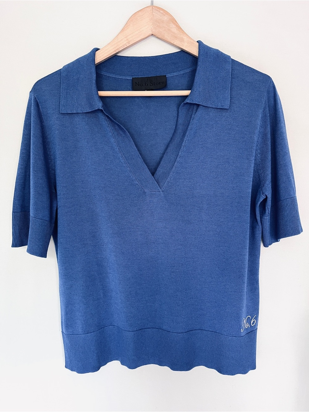 No.6 Store Tencel Wool Knit Top Blue Polo Collar S
